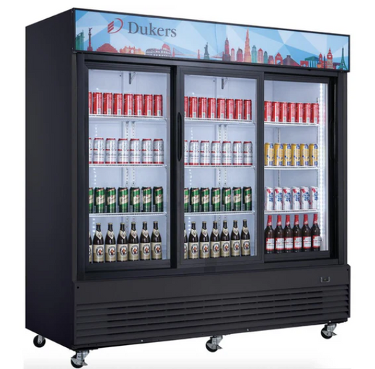 Dukers DSM-68SR Commercial Glass Sliding 3-Door Merchandiser Refrigerator