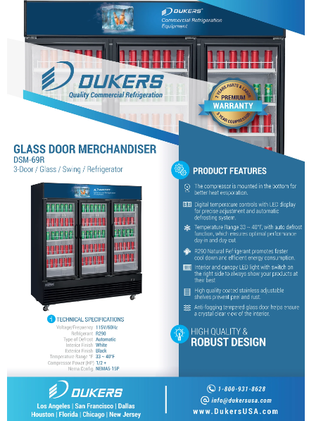 Dukers DSM-69R Commercial Glass Swing 3-Door Merchandiser Refrigerator