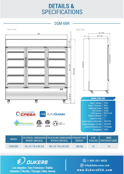 Dukers DSM-69R Commercial Glass Swing 3-Door Merchandiser Refrigerator