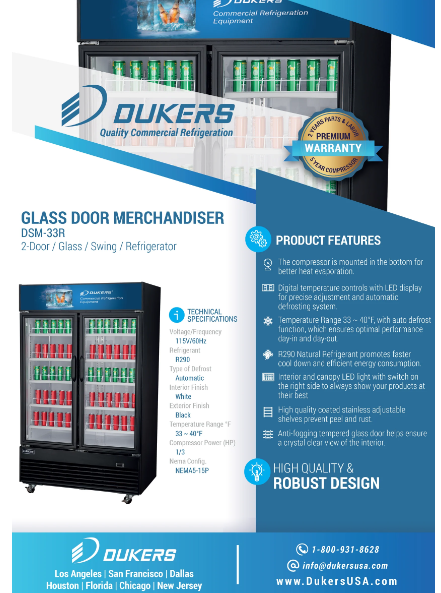 Dukers DSM-33R Commercial Glass Swing 2-Door Merchandiser Refrigerator