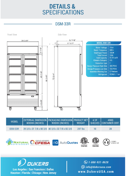 Dukers DSM-33R Commercial Glass Swing 2-Door Merchandiser Refrigerator