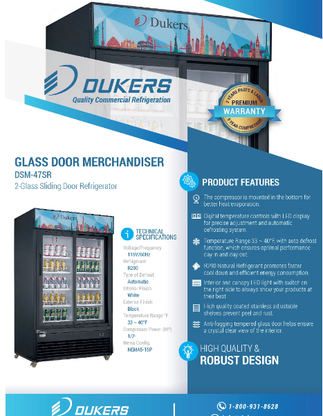 Dukers DSM-47SR Commercial Glass Sliding 2-Door Merchandiser Refrigerator in Black