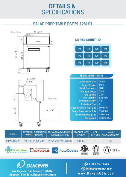 Dukers  DSP29-12M-S1  1-Door Commercial Sandwich/Salad Prep Table Refrigerator in Stainless Steel with Mega Top