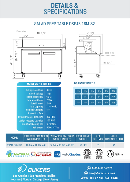 Dukers  DSP48-18M-S2 2-Door Commercial Sandwich/Salad Prep Table Refrigerator in Stainless Steel with Mega Top