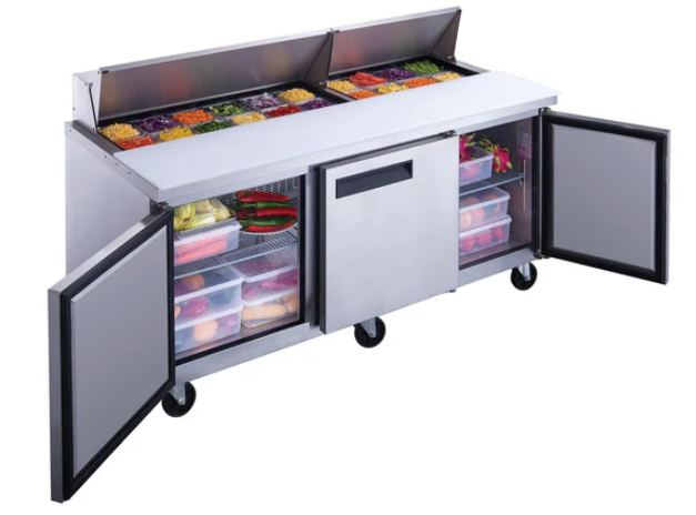 Dukers DSP72-18-S3 3-Door Commercial Sandwich/Salad Prep Table Refrigerator in Stainless Steel