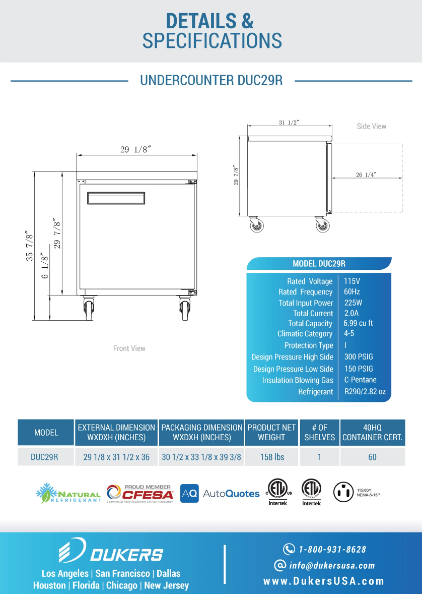 Dukers DUC29R Single Door Undercounter Refrigerator in Stainless Steel