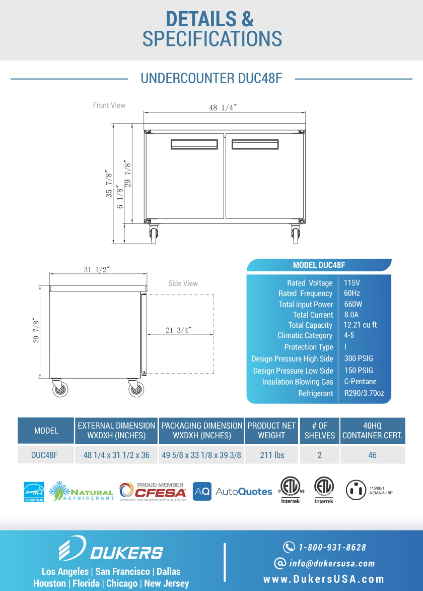 Dukers DUC48F 2-Door Undercounter Freezer in Stainless Steel