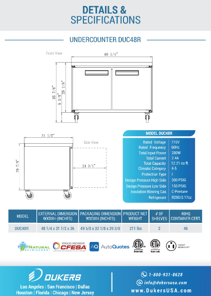 Dukers DUC48R 2-Door Undercounter Refrigerator in Stainless Steel