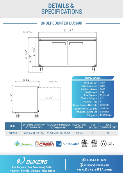 Dukers DUC60R 2-Door Undercounter Commercial Refrigerator in Stainless Steel