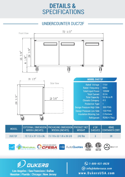 Dukers DUC72F 3-Door Undercounter Commercial Freezer in Stainless Steel