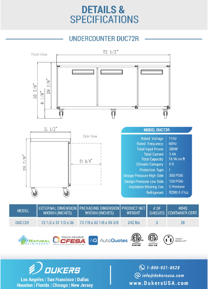 Dukers DUC72R 3-Door Undercounter Commercial Refrigerator in Stainless Steel