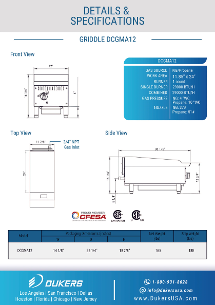 Dukers DCGMA12 12" Griddle with 1 Burners