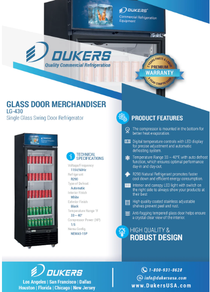 Dukers LG-430 Commercial Single Swing Door Glass Merchandiser Refrigerator