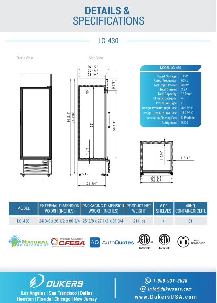 Dukers LG-430 Commercial Single Swing Door Glass Merchandiser Refrigerator