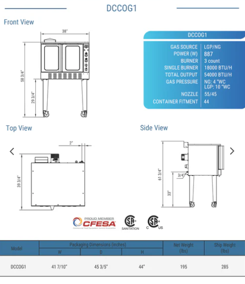 Dukers DCCOG1 Single Convection Oven- Gas