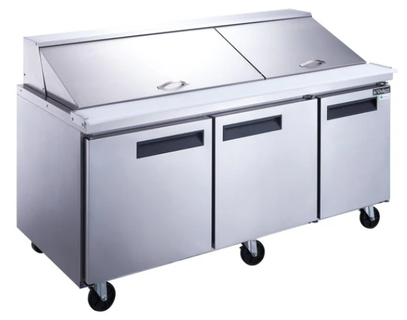 Dukers  DSP72-30M-S3 3-Door Commercial Sandwich/ Salad Prep Table Refrigerator in Stainless Steel with Mega Top