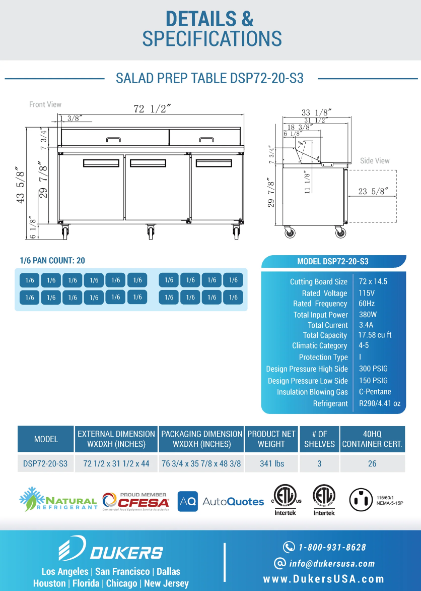 Dukers  DSP72-30M-S3 3-Door Commercial Sandwich/ Salad Prep Table Refrigerator in Stainless Steel with Mega Top