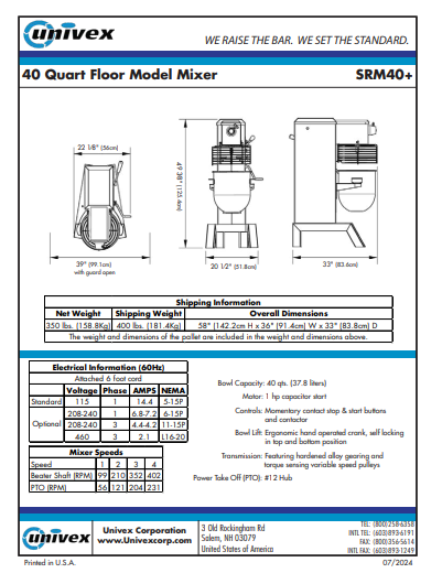 Univex SRM40 Planetary Mixer- 40 qt