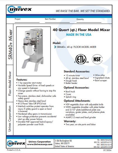 Univex SRM40 Planetary Mixer- 40 qt