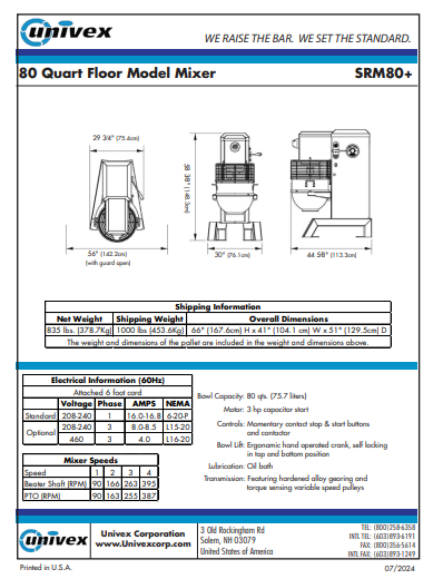 Univex SRM80 Planetary Mixer- 80 qt