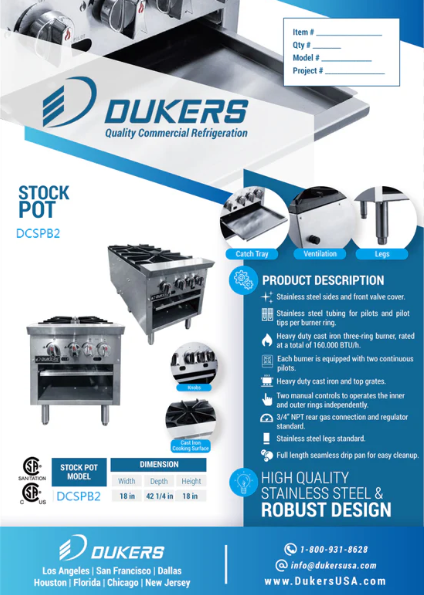 Dukers DCSPB2 Stock Pot Gas Range- Low Height