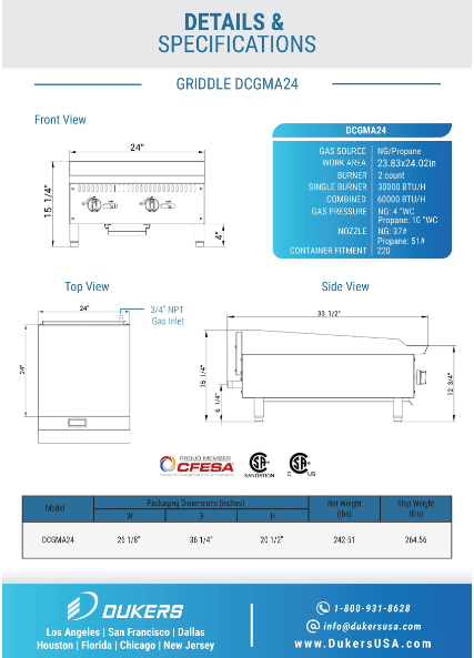Dukers DCGMA24 24" Griddle with 2 Burners