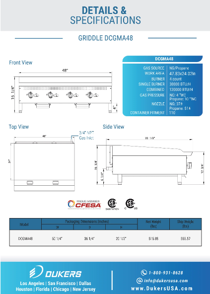 Dukers DCGMA48 48" Griddle with 4 Burners