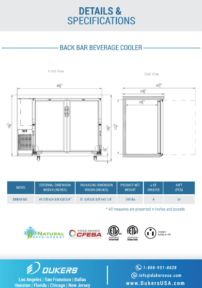 Dukers DBB48-M2 2-Door Back Bar Beverage Cooler (Solid Doors)