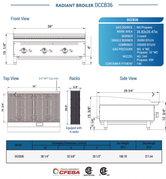 Dukers DCCB36 36 in. W Countertop Radiant Broiler