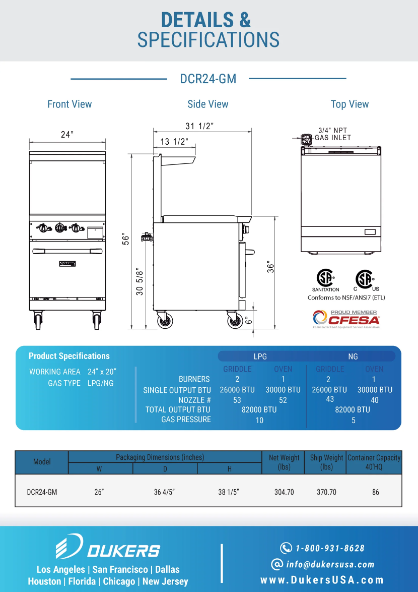 Dukers  DCR24-GM 24" Gas Range with 24" Griddle
