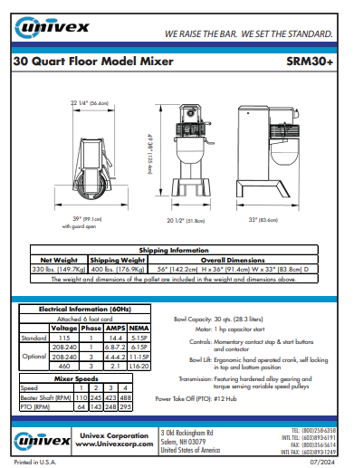 Univex SRM30 Planetary Mixer - 30 qt