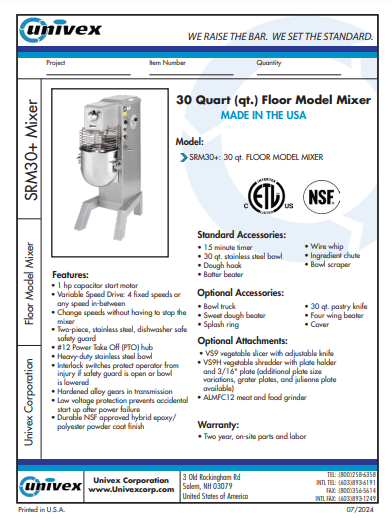 Univex SRM30 Planetary Mixer - 30 qt