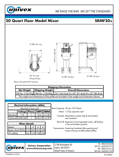 Univex SRMF20 Planetary Mixer 20 qt